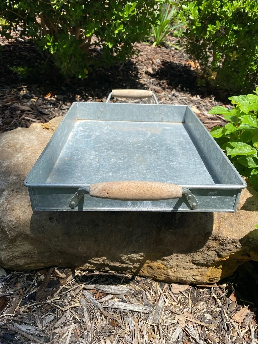 Pottery Barn Rustic Galvanized Metal Tray with Wood Handles